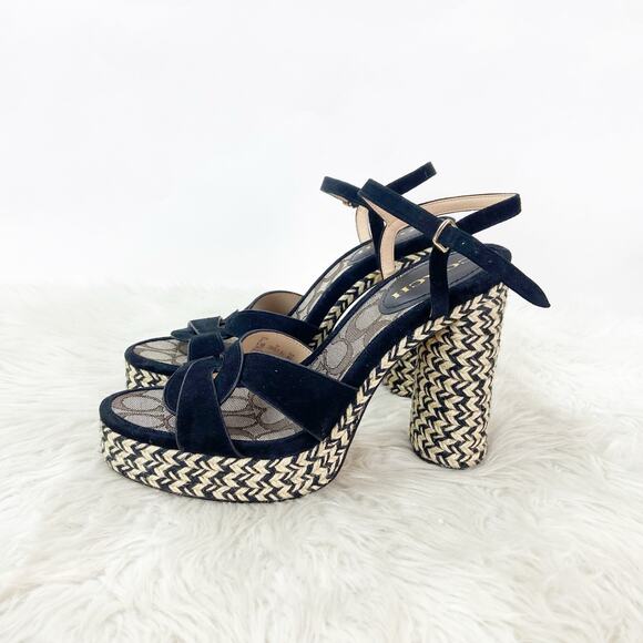 Coach 9.5 Women Black Suede Ankle Strap Block Heel Raffia Platform Talina Sandal - Picture 6 of 13